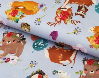 Baumwolljersey "bunte Waldtiere Fuchs Reh Eule auf flieder" -  Jersey Stoff - ab 25 cm Länge