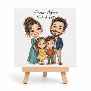 May include: A square canvas print on a wooden easel featuring a cartoon illustration of a family of four. The text "Anna, Adam Mia & Leo" is printed above the figures. The family consists of two adults and two children dressed in casual clothing.