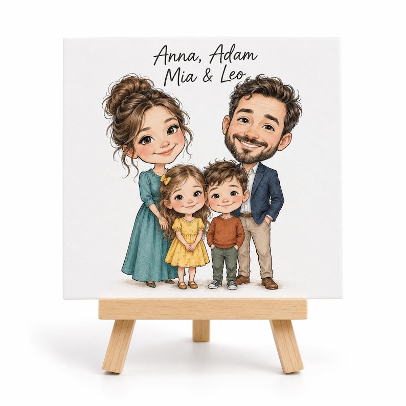 May include: A square canvas print on a wooden easel featuring a cartoon illustration of a family of four. The text "Anna, Adam Mia & Leo" is printed above the figures. The family consists of two adults and two children dressed in casual clothing.