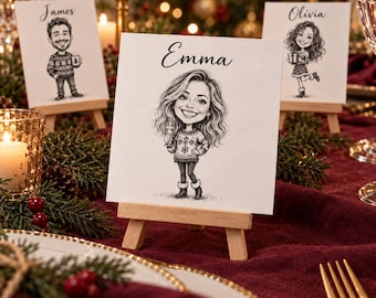 Christmas Caricature Place Cards with Wooden Easels, Personalized Holiday Table Name Cards