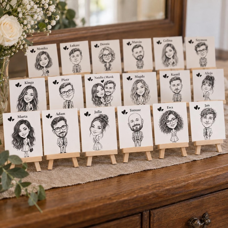 May include: A collection of small white square cards displayed on miniature wooden easels. Each card features a black and white caricature illustration of a person or couple, a name printed above the drawing, and two small black heart icons.