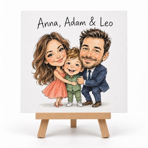 May include: A digital illustration of a family of three featuring a woman in a coral dress, a man in a navy blue suit, and a young child in a green shirt, with the text Anna, Adam & Leo printed above them on a white background.