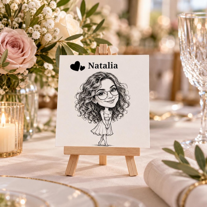 May include: A square white card on a small wooden easel featuring a black ink illustration of a person with curly hair and glasses, wearing a dress. The text Natalia is printed above the illustration, accompanied by two small black heart icons.