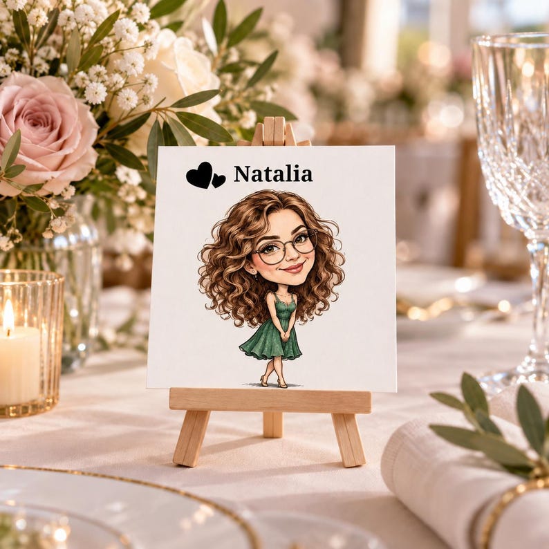 May include: A square white card displayed on a small wooden easel featuring a cartoon illustration of a person with long curly brown hair and glasses wearing a green dress. The text Natalia is printed in black above the illustration with two hearts.