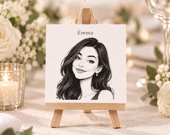 Personalized Portrait Place Cards with Wooden Easels, Custom Wedding Guest Portraits