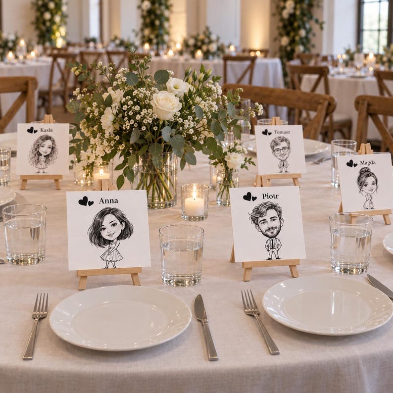 May include: A set of white square place cards on small wooden easels, each featuring a black and white caricature illustration of a person and their name, including Kasia, Anna, Tomasz, Piotr, and Magda, arranged on a table with plates and glasses.