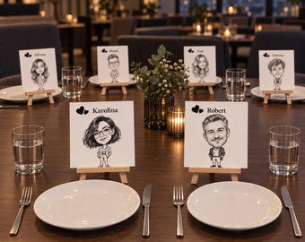 Corporate Event Caricature Place Cards with Wooden Easels, Personalized Team Dinner Favors