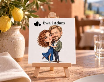 Anniversary Caricature Place Cards with Wooden Easels, Personalized Couple and Guest Keepsakes
