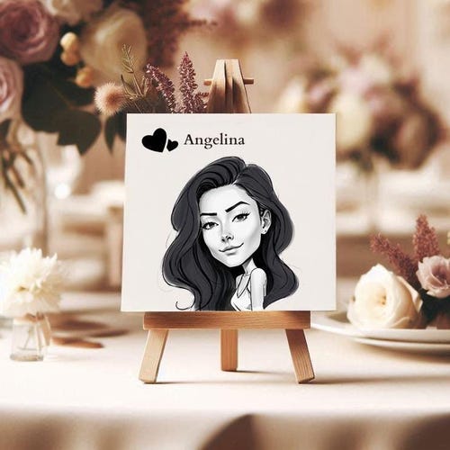 Personalized Caricature Place Cards with Wooden Stand, Wedding Favors