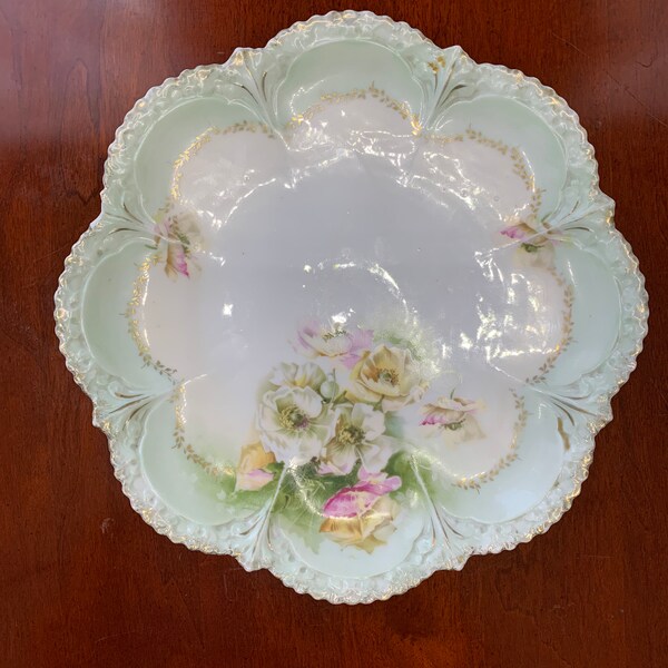 Vintage German-Style Saucer with White Roses and Light Green Luster