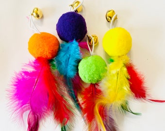 X 2 Pom Pom Bell & Feather Teaser Cat Toy Organic Canadian Catnip and Valerian Cat Toy Wand Attachment