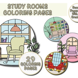Puede incluir: Un conjunto de 29 páginas para colorear que presentan diferentes salas de estudio con estanterías, sillas y plantas. El texto "STUDY ROOMS COLORING PAGES" y "29 COLORING PAGES" está incluido en la imagen.