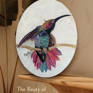 The Beauty Of Hummingbirds Hand Painted On An Oval Canvas Acrylic And Mixed Media Original Art.