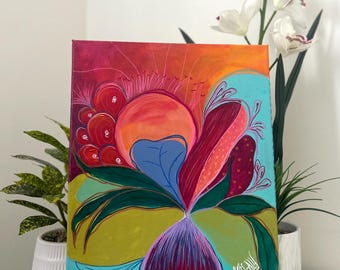 Puede incluir: Pintura abstracta sobre lienzo con una paleta de colores vibrantes. La pintura presenta una gran forma redonda de color rojo púrpura en la parte inferior, rodeada de formas verdes, azules y rojas. El fondo es un degradado de naranja, amarillo y rosa.
