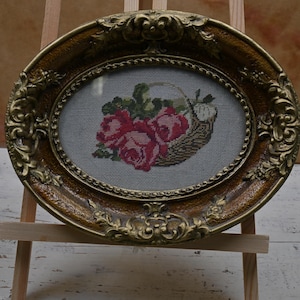 Vintage ornate framed tapestry,Hand-embroidered Gobelin, Oval Tapestry Golden Frame, Еmbroidered Roses