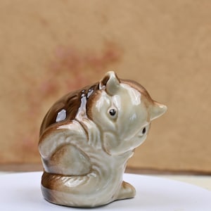 Può includere: Una piccola statuetta in ceramica di uno scoiattolo marrone e bianco seduto sulle zampe posteriori con la testa bassa. Lo scoiattolo è smaltato con una finitura marrone e bianca.