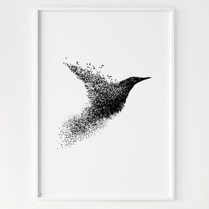 Póster de pájaros en el cielo • Impresión de pájaros en vuelo • Bandada de pájaros • Estorninos • Murmullo • Impresión de arte minimalista • Decoración de pared • Pósteres de animales