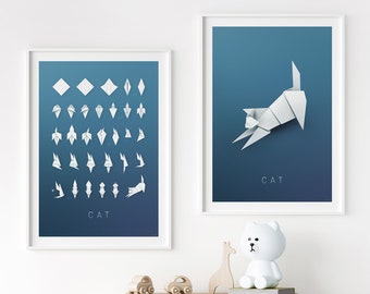 Paper Cat Poster • Set of 2 Posters • Origami Animal Print • Origami Art • Animal Posters • Classroom Decor • Kids Room • Playroom Wall Art