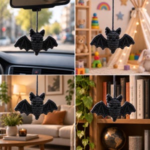 Puede incluir: Un murciélago decorativo de ganchillo negro con cuerpo de hilo texturizado, orejas puntiagudas y alas anchas. El murciélago tiene dos pequeños ojos de cuentas negras y está suspendido por un cordón negro a juego para colgarlo.