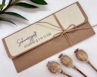 Personalized handmade money gift packaging. Humorous money packaging made from kraft paper, grass paper, and leather. Birthday, thank you.