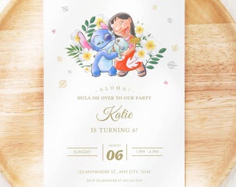 Convite de Aniversário | MODELO EDITÁVEL | Disney Lilo & Stitch