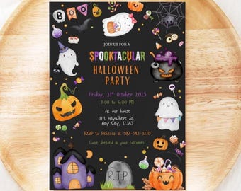 May include: A Halloween party invitation with a black background, featuring colorful illustrations of ghosts, pumpkins, and a haunted house. The text reads "Spooktacular Halloween Party" with event details. The invitation is set on a wooden plate.
