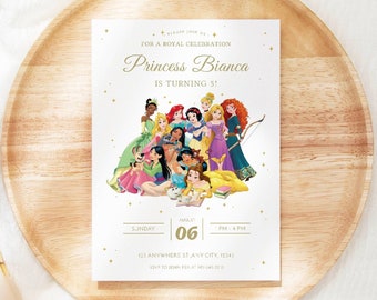 May include: A white invitation card with gold lettering and a picture of Disney princesses. The text reads "For a Royal Celebration Princess Bianca is turning 5. Sunday 06 One o'clock PM.  Anywhere St. Any City, 12345. RSVP to Jane Doe at 555-555-5555."