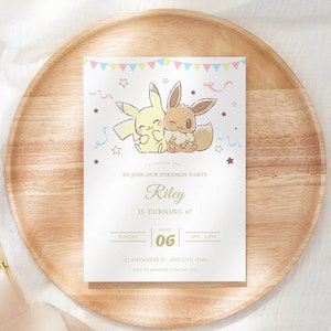 Invitación de cumpleaños / PLANTILLA EDITABLE / Pokémon Pikachu Eevee