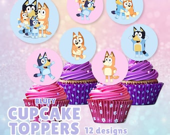 May include: A set of circular Bluey cupcake toppers featuring various character illustrations. The text reads Bluey Cupcake Toppers 12 designs Digital Download Party Printables. The toppers are displayed above purple frosted cupcakes in patterned liners.