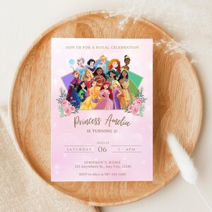 Faire-part d'anniversaire en toile | MODÈLE MODIFIABLE | Fête des princesses Disney