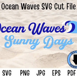 Puede incluir: Diseño de archivo de corte SVG Ocean Waves Sunny Days con un gráfico de ola azul sobre un fondo de playa de arena blanca. Descarga instantánea.