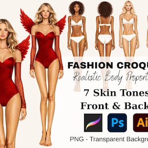 Può includere: Illustrazioni digitali di schizzi di moda con proporzioni corporee realistiche e sette tonalità di pelle. L'immagine include viste anteriori e posteriori di figure in lingerie e un body rosso con ali d'angelo. Il testo include "FASHION CROQUIS" e icone software.