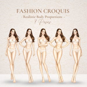 Könnte beinhalten: Illustration von fünf weiblichen Mode-Croquis-Figuren in verschiedenen Posen. Die Figuren sind mit realistischen Körperproportionen gezeichnet und tragen passende Dessous. Der Text "FASHION CROQUIS - Realistic Body Proportions - 7 Poses" wird oben angezeigt.