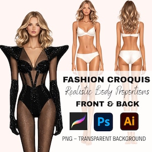 Op de afbeelding: Digitale mode croquis illustratie met een vrouw in een zwarte pailletten bodysuit en een vrouw in witte lingerie. De afbeelding bevat tekst: "FASHION CROQUIS Realistic Body Proportions FRONT & BACK" en software-iconen.