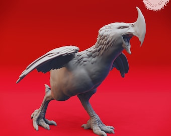 May include: A 3D printed model of a gray, bird-like creature with a long beak and wings. The creature is posed in a mid-stride, with its wings spread and its beak open in a roar.
