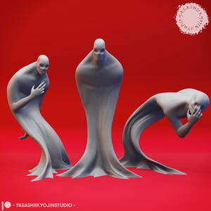 May include: Three grey, abstract, humanoid figures stand on a red background. The figures are posed in different positions, with one figure covering its face with its hands, one figure standing with its arms crossed, and one figure standing with its arms at its sides.