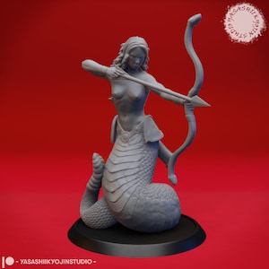May include: A grey, 3D printed figurine of a female snake-like creature with a bow and arrow. The creature has a human torso and a snake tail. The figurine is posed in a shooting stance, with the bow drawn back and the arrow pointed forward. The figurine is set on a black circular base.