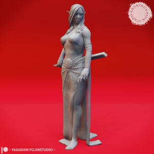 Puede incluir: Una figura de mujer elfo impresa en 3D de color gris, con el pelo largo, vistiendo un vestido fluido y sosteniendo una espada. La figura está de pie sobre una base.