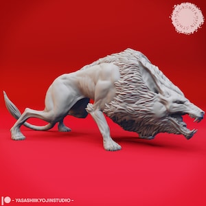 May include: A white, snarling, wolf-like creature with a mane of fur. The creature is posed in a running stance with its mouth open and teeth bared. The creature is sculpted in a realistic style and is a 3D printed model.