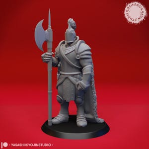 May include: A gray plastic miniature figurine of a knight wearing armor and holding a spear and axe. The knight is standing on a round base.