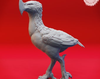 May include: A white 3D printed model of a bird with a long, pointed beak and feathered wings. The bird is standing on a red surface.