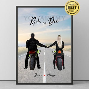 Motorcycle Fan Gift, Motorcycle Couple Illustration, Biker Boyfriend Gift, Biker Girlfriend Gift, Gift for Him - Gift for Her