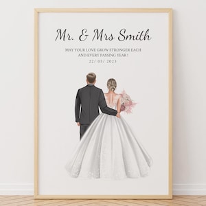 Custom Bride and Groom Portrait, Anniversary Gift Idea, Personalised Bride and Groom Print, Mr and Mrs Wall Art, Wedding Couple Print