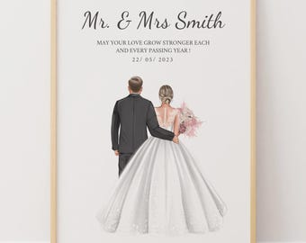 Custom Bride and Groom Portrait, Anniversary Gift Idea, Personalised Bride and Groom Print, Mr and Mrs Wall Art, Wedding Couple Print