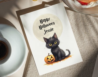 Halloween Black Cat Card, Halloween Birthday Card, Black Cat Card, Witch Greetings Card, Gothic Birthday Card, Pumpkin Card Cat Illustration