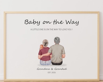 May include: A framed print with the text "Baby on the Way" and "A LITTLE ONE IS ON THE WAY TO LOVE YOU!". It depicts a couple with a baby, with the words "Grandma & Grandad EST. 2025" below.