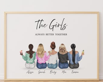Group of friends Print, Group Friendship Print, Christmas Best Friend Gift, Friends Illustration, Personalized Gift for Her, Custom Portrait