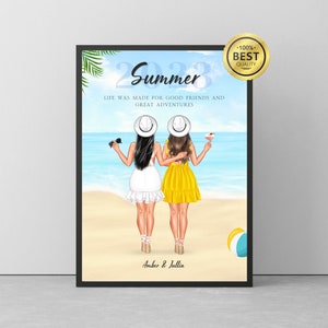パーソナライズされたプリント、ビーチでの親友、夏のギフトのアイデア、友達の誕生日プレゼント、女子会、カスタマイズ可能なルームメイトのプリント、姉妹