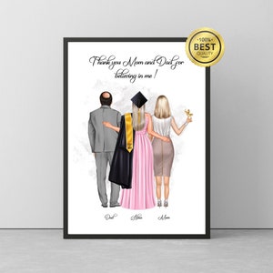 Graduate Mädchen mit Eltern & Haustieren Poster, Wertschätzung Geschenke für Mama Papa Dankeskarte, Benutzerdefinierte Digitale College Abschlussfeier 2023 Druck Geschenke