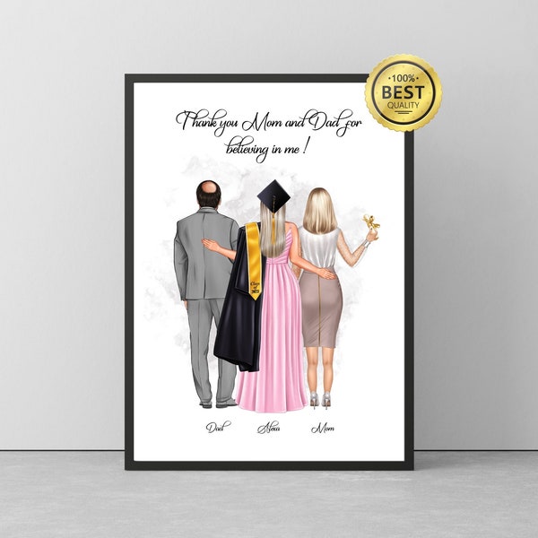 Graduate Mädchen mit Eltern & Haustieren Poster, Wertschätzung Geschenke für Mama Papa Dankeskarte, Benutzerdefinierte Digitale College Abschlussfeier 2023 Druck Geschenke